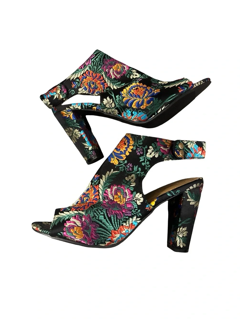 Rouge Helium Multicolor Tapestry Floral Embroidered Slingback Block Heels Sz 11